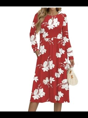 Red Floral Long Sleeve Midi Dress